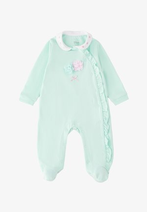 Body per neonati verde menta con colletto bianco, applicazioni di fiori rosa e blu, bordo arricciato lungo i lati e chiusure a scatto sul davanti e sulle gambe.