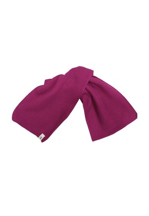 Sciarpa lavorata a maglia di colore viola acceso con un design piegato e una piccola etichetta bianca su un'estremità, mostrata su sfondo bianco.
