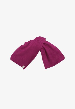 Sciarpa lavorata a maglia di colore viola acceso con un design piegato e una piccola etichetta bianca su un'estremità, mostrata su sfondo bianco.