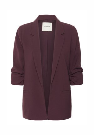 Burgundijas bleizers ar strukturētu dizainu, atvērtiem priekšējiem galiem, sarullētām piedurknēm, divām priekšējām kabatām un mīkstu auduma faktūru. Zīmola etiķete redzama iekšpusē.