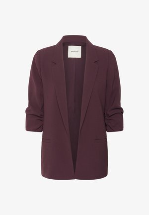 Burgundiškai raudonas švarkas su struktūrizuotu dizainu, atviru priekiu, sukritusiais rankovėmis, dviem priekinėmis kišenėmis ir minkšta medžiagos tekstūra. Prekės ženklas matomas viduje.