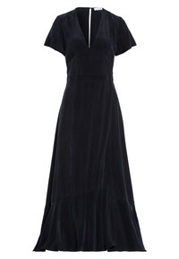 Černé maxi šaty z měkké, splývavé tkaniny. Mají hluboký V-výstřih, krátké rukávy a rozšířený lem. Hladký povrch s jemným leskem.