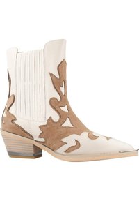 Botines de estilo occidental en cuero blanco y ante marrón, con recortes en forma de llama, detalles ribeteados en el tubo y un tacón apilado.