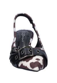 Brown and white patterned slingback shoe with a black leather band and silver buckle detail; soft fur-like texture on upper.