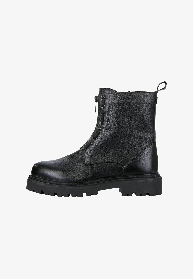 Black leather ankle boots with a textured finish, featuring a side zip closure, round toe, and a rugged, treaded sole for grip.