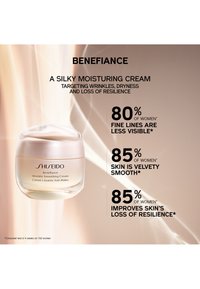 Shiseido Benefiance Rimpelverzachtende Crème in een matglazen pot met een parelachtige deksel, met een licht glinsterende achtergrond.