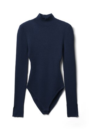 Body in maglia blu navy con maniche lunghe e colletto alto. Presenta fessure ai polsini e una chiusura a scatto nella parte inferiore. Texture morbida.