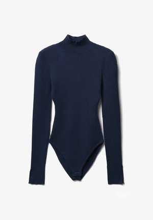 Body in maglia blu navy con maniche lunghe e colletto alto. Presenta fessure ai polsini e una chiusura a scatto nella parte inferiore. Texture morbida.