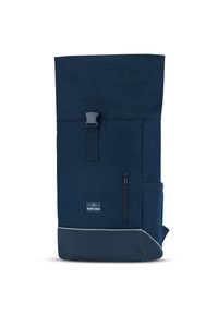 Tengerészkék háttámla hátizsák tartós anyagból, elülső cipzáras zsebbel, állítható pánttal és logóval az alján.