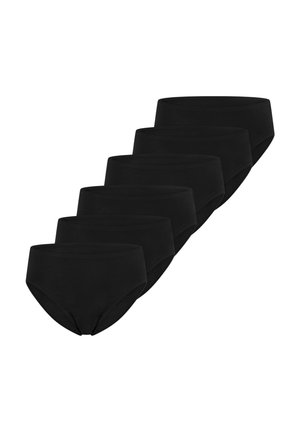 Sechs schwarze nahtlose Damen-Slips, angeordnet in einer gestapelten diagonalen Reihe auf weißem Hintergrund.