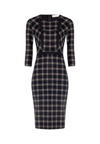 Strak zittende zwart-wit geruite jurk met driekwartmouwen, voorzien van een gestructureerd lijfje en decoratieve knopen bij de halslijn.