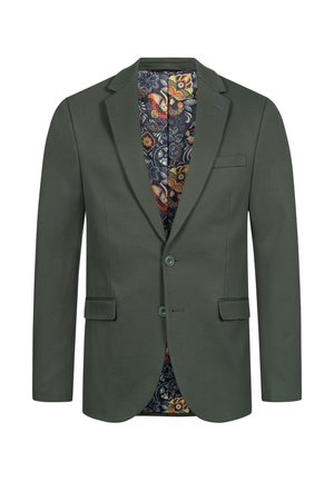 Blazer verde oliva realizzato in tessuto morbido, con una fodera interna decorative caratterizzata da fantasie floreali e farfalle. Due bottoni, tasche a patta.