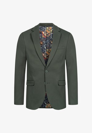 Olivgrüner Blazer aus glattem Stoff, mit einem gemusterten Innenfutter, das Blumen- und Schmetterlingsdesigns zeigt. Zwei Knöpfe, Klapptaschen.