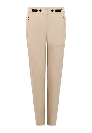 Beige slim-fit pants with front zipper pockets, a side cargo pocket with zipper, adjustable Velcro waist tabs, and reinforced knee seams.