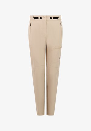 Beige slim-fit pants with front zipper pockets, a side cargo pocket with zipper, adjustable Velcro waist tabs, and reinforced knee seams.