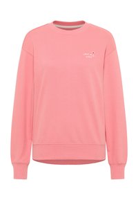 Felpa rosa realizzata in tessuto morbido. Presenta un collo rotondo, spalle scese e polsini a coste. Piccolo testo bianco e grafica sul petto.