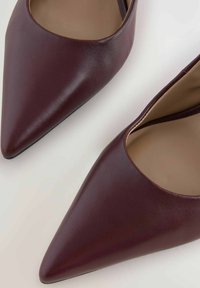 Bordeaux leren puntige hakken met een lage vamp. Glad textuur en minimalistisch ontwerp, met een beige binnenvoering en een zwarte zool.