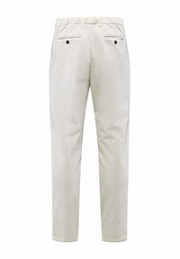 Beige corduroy broek met een recht gesneden ontwerp, voorzien van een zachte textuur, twee achterzakken en een elastische tailleband voor comfort.