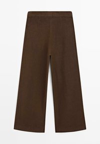 Pantaloni marroni a gamba larga con una fascia elastica in vita, realizzati in tessuto solido e liscio, mostrati distesi su sfondo bianco.