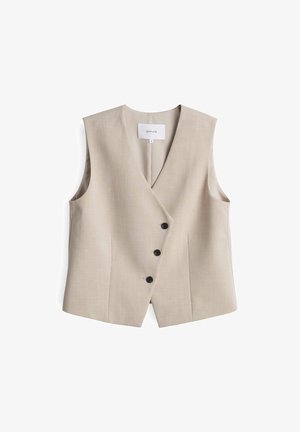 Beige mouwloze vest met een V-hals, voorzien van vijf zwarte knopen en zijzakken, gemaakt van een gestructureerde stof. Merkenlabel zichtbaar.