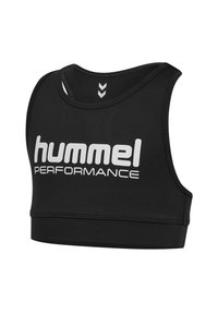 Sort sportsbh lavet af strækbart materiale. Har et fremtrædende hvidt "hummel PERFORMANCE" logo og en rund halsudskæring med brede stropper.