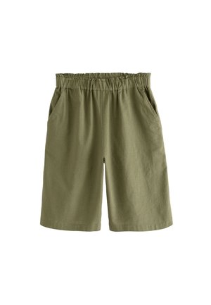Olive green knee-length shorts with elastic gathered waistband and side pockets, made from lightweight fabric.