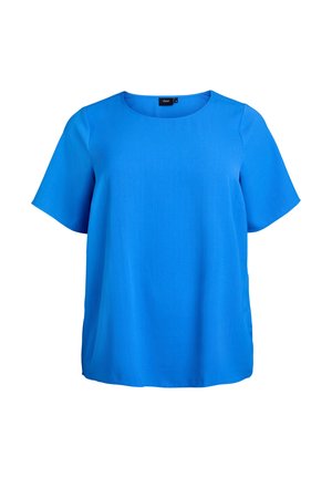 Plava bluza kratkih rukava s okruglim izrezom, glatkom teksturom i oversized, opuštenim krojem. Nema vidljivih uzoraka ili dodataka.