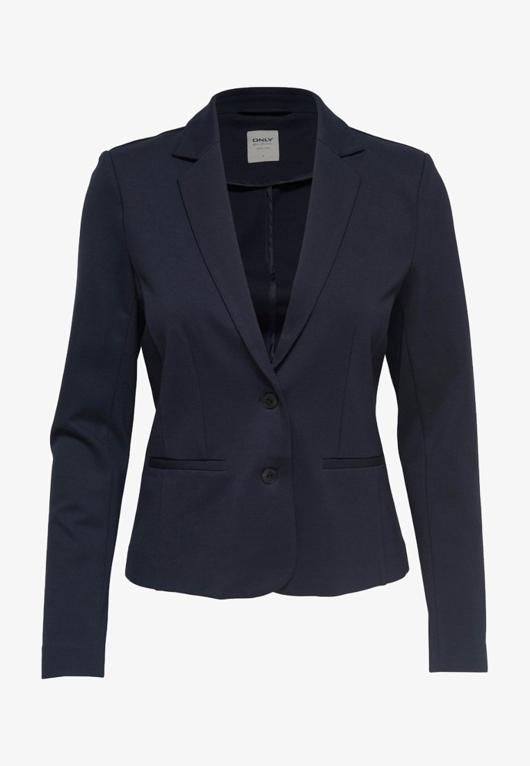 Blazer femme ajusté bleu marine avec deux boutons et poches passepoilées à l'avant, doté d'un col à revers cranté.