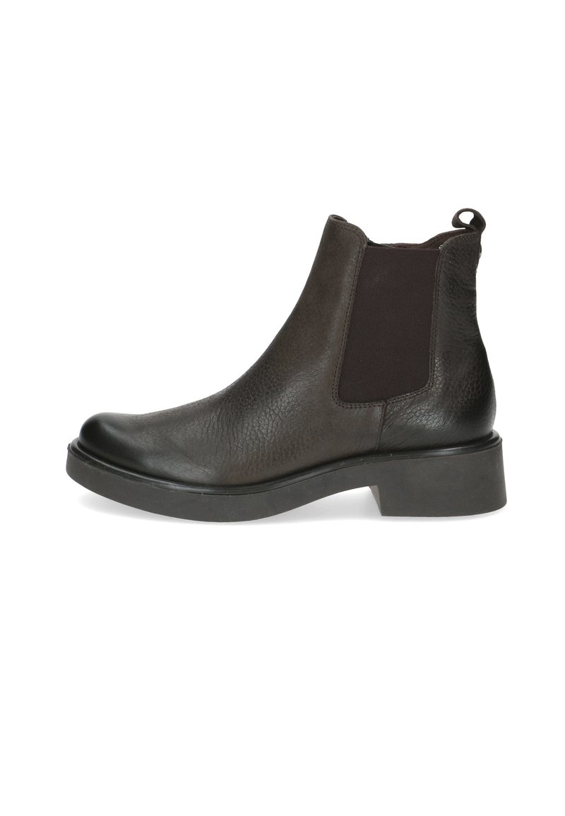 Botas de cuero marrón oscuro hasta el tobillo con paneles laterales elásticos, punta redondeada y un tacón de goma negra gruesa. El cuero texturizado añade detalle.