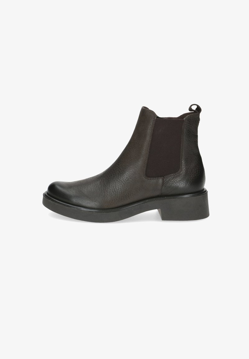 Dunkelbraune Lederknöchelstiefel mit elastischen Seitenpaneelen, runder Spitze und einem stabilen schwarzen Gummihighheel. Strukturiertes Leder verleiht zusätzliche Details.