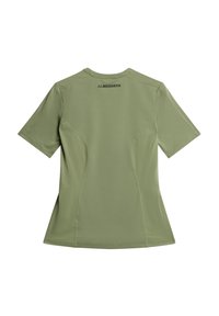 Lyhythihainen, oliivinvihreä suorituspaita, jossa on teksturoitu pinta, pyöreä kaula-aukko ja logo painettuna yläselkään.