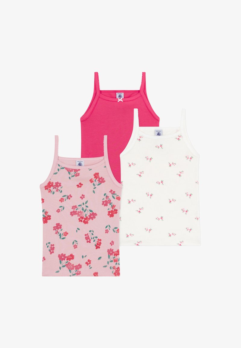 Three children's tank tops: one solid bright pink, one light pink with floral pattern, one white with small floral design. All feature narrow straps.