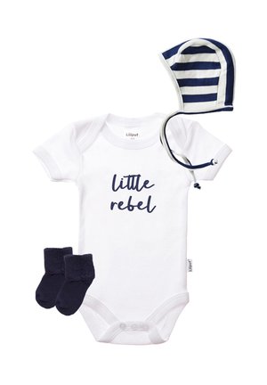 White sleeveless onesie with "little rebel" text in navy, paired with navy booties and a striped navy and white bonnet. Soft cotton fabric.