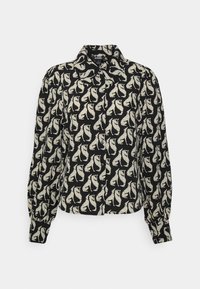 Camisa negra de botones con mangas largas que presenta un patrón abstracto en blanco. Tela suave con un ligero brillo, detalles fruncidos en los hombros y mangas con puños.