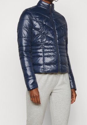 Persona con una chaqueta azul marino acolchada, ajustada y brillante, con cremallera frontal, y pantalones deportivos gris claro, vista desde el cuello hasta las caderas.