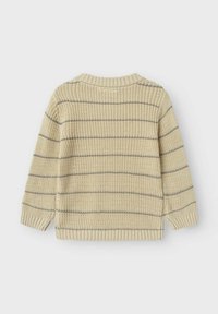 Strickpullover in Creme mit dezenten grauen Streifen. Verfügt über einen runden Ausschnitt, gerippte Bündchen und Saum sowie ein strukturiertes Muster im gesamten Kleidungsstück.