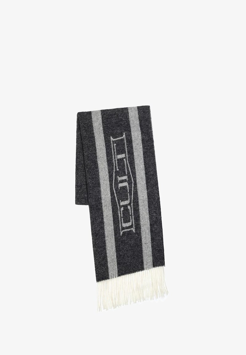 Sciarpa di lana grigio scuro con strisce grigio chiaro, caratterizzata da un motivo con logo. I bordi presentano dettagli a frangia bianca per conferire texture.