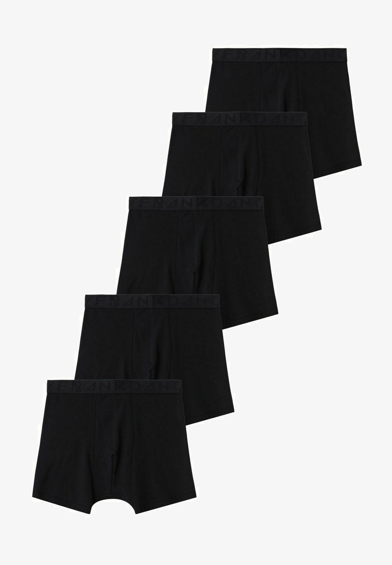 Musta boxerit pinottuna. Valmistettu puuvillasta, jossa on joustava vyötärö, joka sisältää painettuja merkintöjä. Yksinkertainen, sileä muotoilu.