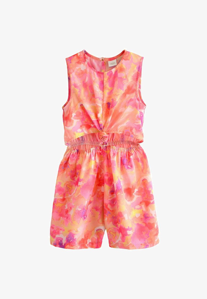 Combinaison sans manches avec un imprimé aquarelle rose et orange, mettant en avant un détail noué à l'avant et une taille élastiquée pour un ajustement confortable.