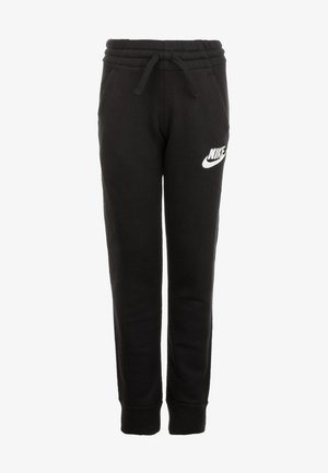 Schwarze Nike-Sweatpants mit elastischem Bund, Kordelzug, Seitentaschen, gerippten Bündchen und weißem Nike-Logo am linken Oberschenkel.