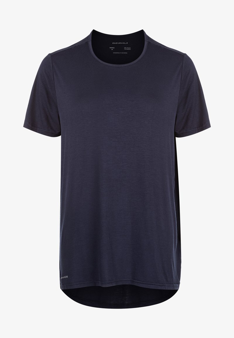 Marineblå kortærmet t-shirt med rund hals, der har en glat tekstur og en diskret mærkedetalje på den nederste venstre søm.
