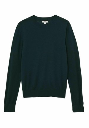 Tamsiai žalia, apykaklės tipo megztinis su ilgomis rankovėmis, raukšlėtais rankogaliais ir apvadu. Pagamintas iš minkštos, tekstūruotos mezginio medžiagos. Nėra matomų raštų.