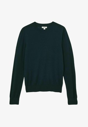 Tamsiai žalia, apykaklės tipo megztinis su ilgomis rankovėmis, raukšlėtais rankogaliais ir apvadu. Pagamintas iš minkštos, tekstūruotos mezginio medžiagos. Nėra matomų raštų.