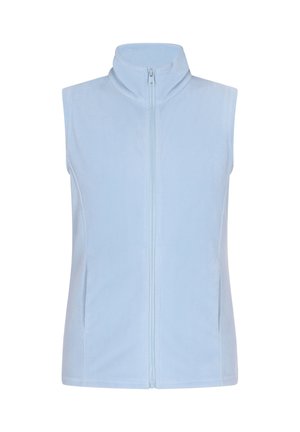 Vest fără mâneci, de culoare albastru deschis, confecționat din fleece, cu guler înalt și fermoar pe toată lungimea frontală. Textură netedă, fără modele vizibile sau detalii din metal.