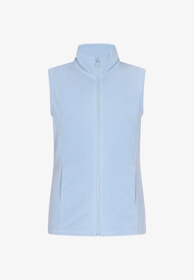 Helles Blau, ärmellose Fleece-Weste mit hohem Kragen und durchgehendem Reißverschluss. Glatte Textur, keine sichtbaren Muster oder Hardwaredetails.