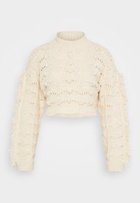Gekürzter Creme-Pullover mit hohem Kragen, gestrickter Textur und Fransenärmel. Besitzt Durchbrüche und einen gerippten Saum.