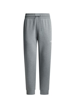 Grijze sweatpants gemaakt van geborsteld katoen. Ze hebben een trekkoord in de taille, geribbelde manchetten en een klein wit logo op de linkerdij.