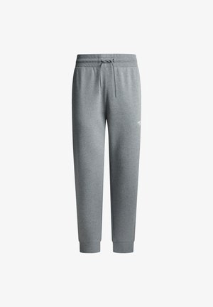 Szare dresy wykonane z szczotkowanej bawełny. Posiadają elastyczny pas z możliwością regulacji, ściągacze na nogawkach oraz małe białe logo na lewej udzie.