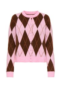 Rosa-brauner Strickjacke im Rautenmuster mit rundem Ausschnitt, Knopfverschluss sowie gerippten Bündchen und Saum. Weiche Textur, cropped Design.