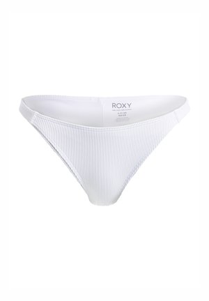 Hvid ribbet bikini bund med tynde sidestræk. Mærket viser brandet "ROXY" og størrelsesdetaljer. Materialet er glat med en subtil tekstur.